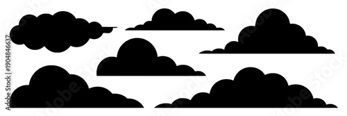 Clouds silhouette set with layered cumulus shapes in black, minimal flat vector icons for weather forecast, sky background, UI elements, stickers and logo design