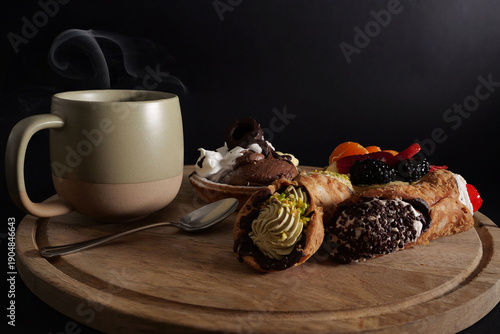 Primo piano di tagliere con paste per colazione e tazza con bevanda calda