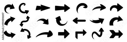 Arrows icon set with curved and straight direction pointers, rotation and turn symbols, black silhouette vector collection for navigation UI, signage, infographics and apps