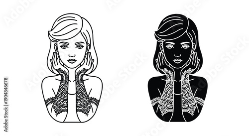 Dual tone illustration of a woman with intricate jewelry and contrasting styles