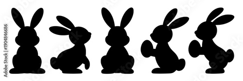Rabbits silhouette set with cute bunny poses in flat black shapes, minimalist vector icons for Easter design, nursery decor, logo marks, stickers, and crafts