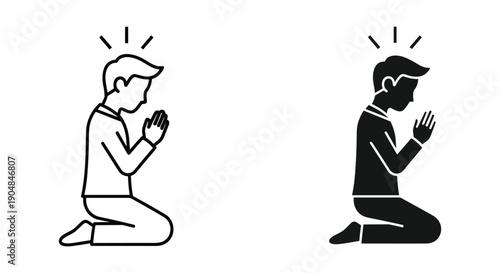 Man Kneeling in Prayer, Black and White Illustration, Spiritual Serenity