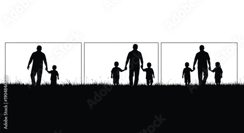 Father walking hand in hand with children of different ages and genders