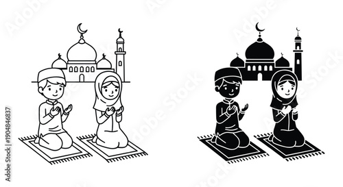 Muslim family praying Ramadan iftar time flat vector illustration with mosque and clock showing 6:30