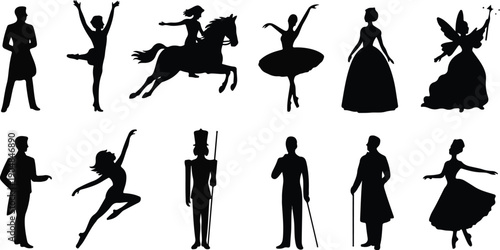 Vintage Fantasy Character Silhouettes Collection Featuring Dancers, Magicians, and Gentleman Figures