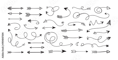 Hand drawn rustic arrow set with creative doodle elements isolated on white background for design
