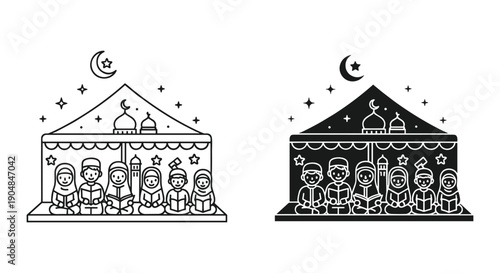 Circus tent stage with performers and empty audience seats line art illustration vector