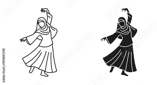 Dancing Sufi Women in Traditional Attire, Whirling Movement, Simple Line Art