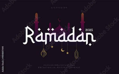 Ramadan premium luxury arabic alphabet letters and numbers. Elegant islamic typography ramadan wedding serif font decorative vintage. Creative vector illustration 
