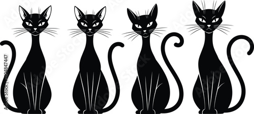 Stylized black cat silhouettes with curled tails, sleek body shapes, upright ears, and sharp eyes, elegant mysterious illustration for Halloween, gothic artwork, decor, and design projects