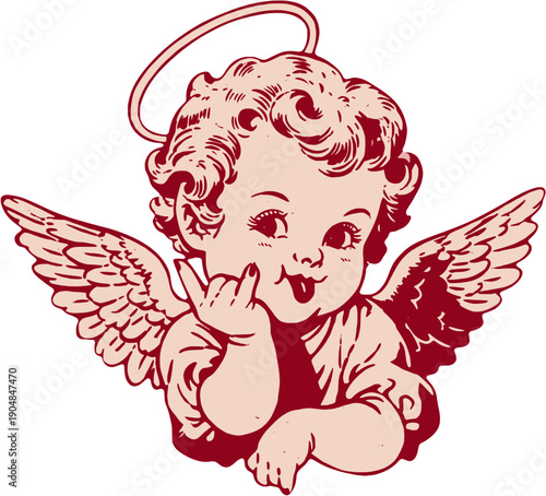 A cute cherub angel sticks out the tongue and makes a rock hand gesture expressing humor rebellion music attitude and playful innocence in a rvintage illustration style.
