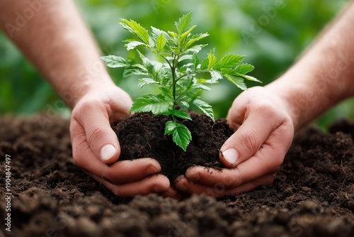 Seedling in hands holding soil
