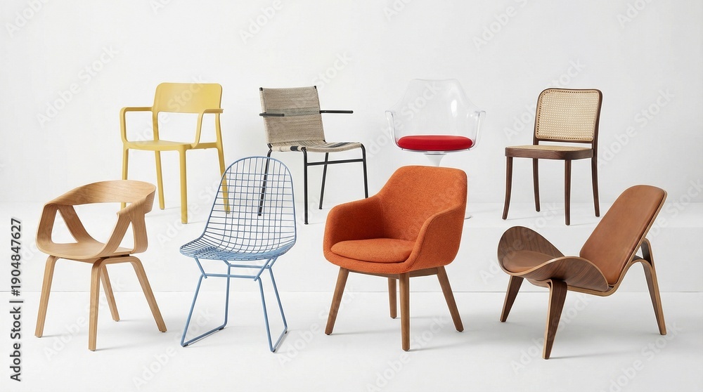 Fototapeta premium Minimalist display of eight diverse chairs in two rows, varied materials and colors, clean white background, modern furniture showcase aesthetic.