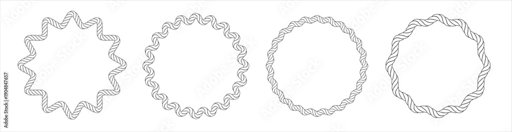 Obraz premium Nautical rope frames and borders in various shapes. Vector set includes circular, oval, and rectangular rope patterns. Marine-themed design elements for logos and decorative graphics.