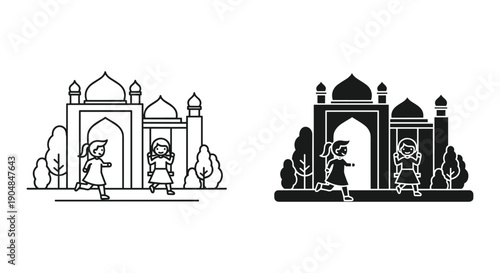 Muslim family entering mosque for prayer in traditional Islamic architecture black and white illustration