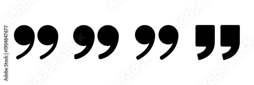 Quotation marks icon set with black opening and closing double quote symbols, minimalist typography punctuation glyphs for text, speech, dialogue, and design use