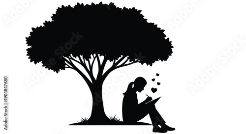 A person reading under a tree a peaceful black silhouette