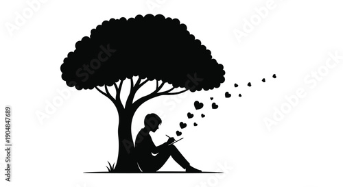 A person reading under a tree with falling leaves a dark silhouette
