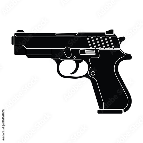 A black and white illustration of a semi automatic handgun side view