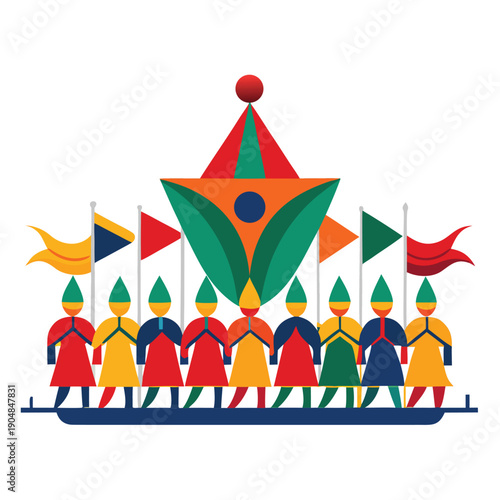 A colorful parade of performers and a stylized festive float