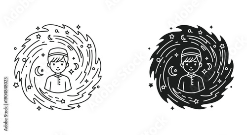 Mystical Boy Surrounded by Celestial Elements in Swirling Motion