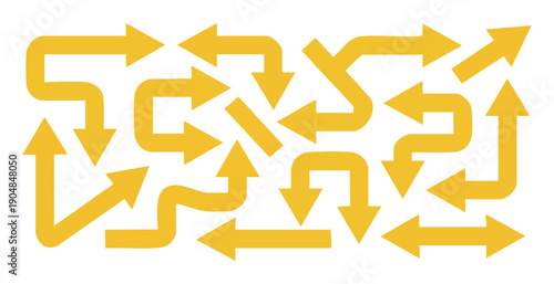 Many yellow arrows creating maze like paths on white background, abstract design
