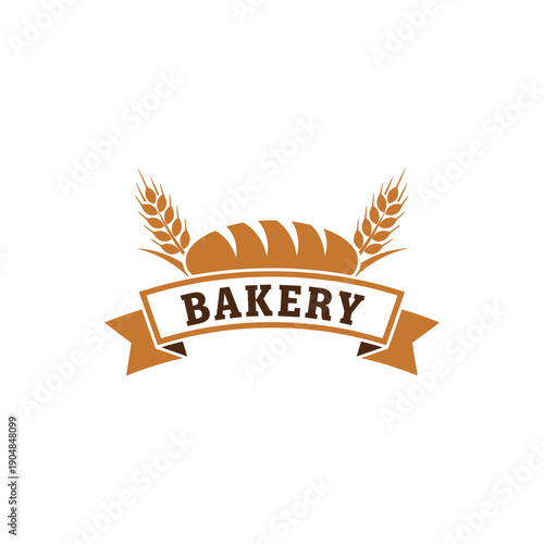 Bakery logo with bread loaf and wheat ears on a ribbon.