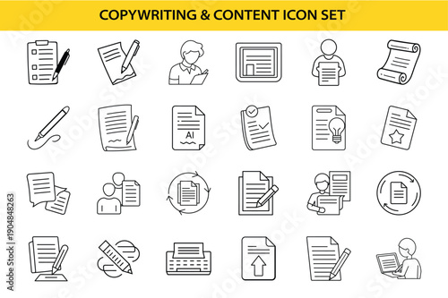 Copywriting and content creation icon set with writing, editing, document and content workflow symbols. editable stroke vector illustration.
