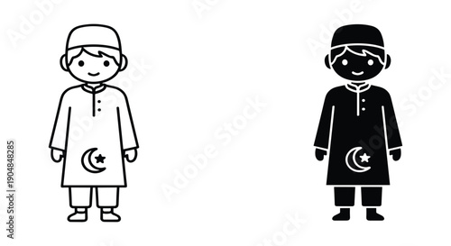 Diverse Muslim Boys in Traditional Clothing with Crescent Moon Symbol