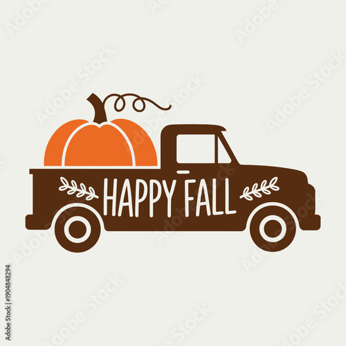 Vintage truck carrying a pumpkin with a happy fall message