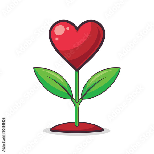 A vibrant red heart shaped flower grows from rich soil