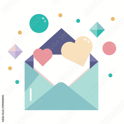 Colorful envelope with hearts and geometric shapes floating upwards