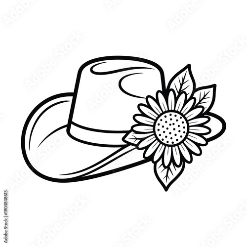 A black and white illustration of a cowboy hat with a sunflower