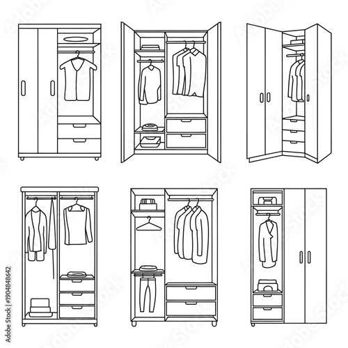 Line drawing of various wardrobe configurations with clothes inside