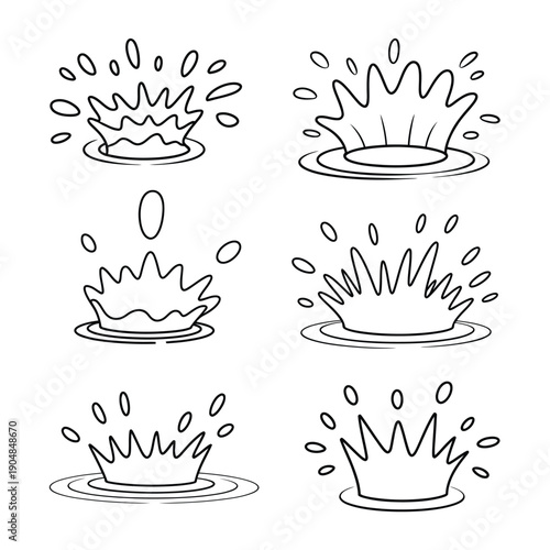 Line art illustration of various water splash shapes and droplet designs