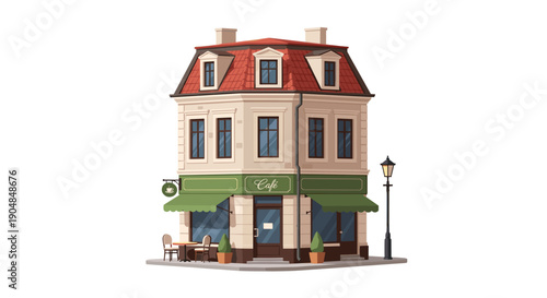 Charming European-style corner cafe building with a distinctive red roof, outdoor seating, and a traditional lamppost.