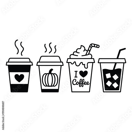 Four beverage illustrations coffee pumpkin spice iced coffee and cold drink