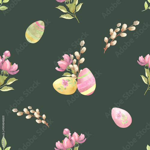 Seamless Watercolor Easter Egg Pattern with Leaves and Willow, Green