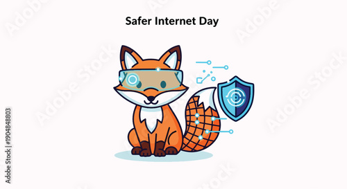 Cartoon Fox Wearing Glasses and Shield for Safer Internet Day.