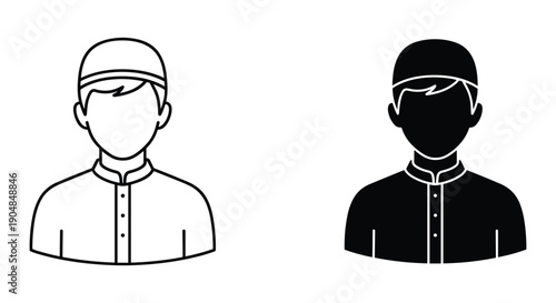 Simple black and white illustration of a man in a cap and shirt, dual tone version