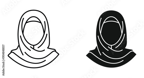 Simple black and white hijab illustration on white background, minimalist design