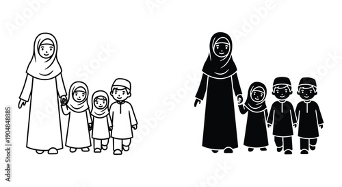 Muslim family walking together in traditional clothing vector illustration flat design happy parents and children