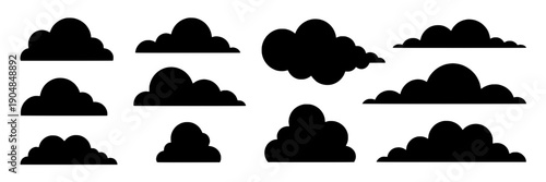 Clouds silhouette set with various shapes and sizes, black vector illustration featuring silhouettes, weather, sky with collection and graphic resources elements, clean composition on simple