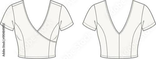 V-neck fitted tops sketch, wrap front and center seam styles, princess shaping, front views, flat vector illustration