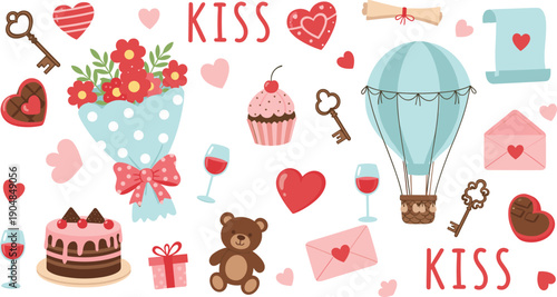 Valentine's Day illustration set with hearts, sweets, gifts, wine, teddy bear, flowers, and romantic symbols in playful pink and red style