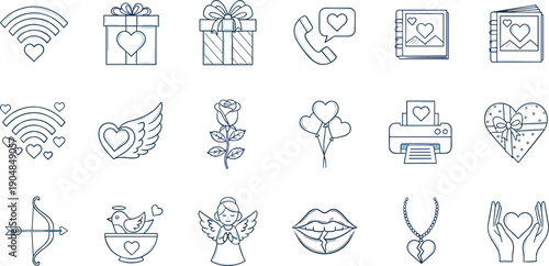 Valentine's Day line art icon set with hearts, wings, gifts, balloons, angel, rose, and romantic symbols in minimal black vector style