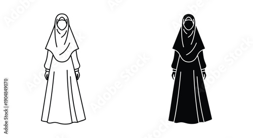 Muslim Woman Wearing Hijab and Abaya in Black and White Illustration Style