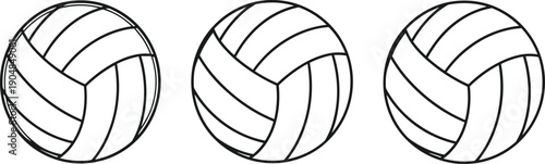 Volleyball icon set, sports ball design, black and white outline, athletic symbol trio, flat vector illustration