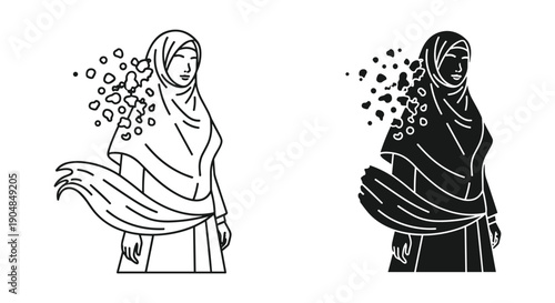Muslim woman in hijab holding flowers and umbrella in rain vector illustration isolated black and white