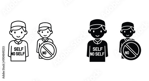 Flat design self awareness concept with four characters illustrating self reflection and no self signs on t-shirts isolated on white background